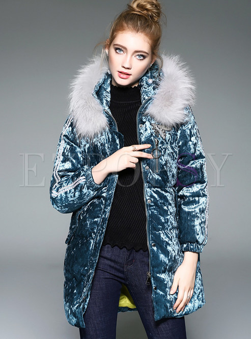 Blue Fashion Fur Collar Velvet Down Coat