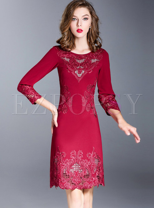 Wine Red Slim Hollow Out Embroidery Bodycon Dress