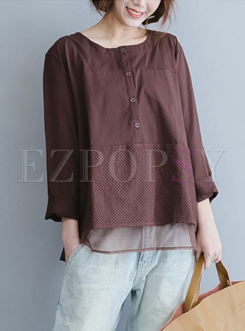 Casual Buttoned Mesh Pullover T-shirt