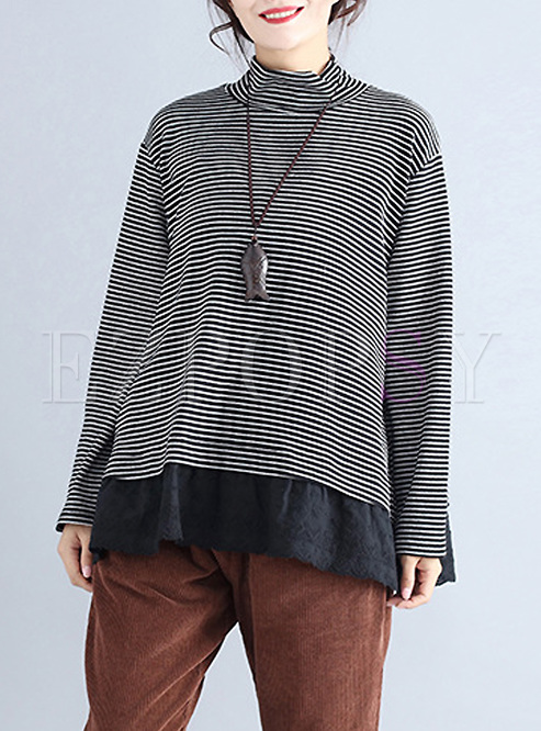 Causal High Neck Striped Pullover T-shirt