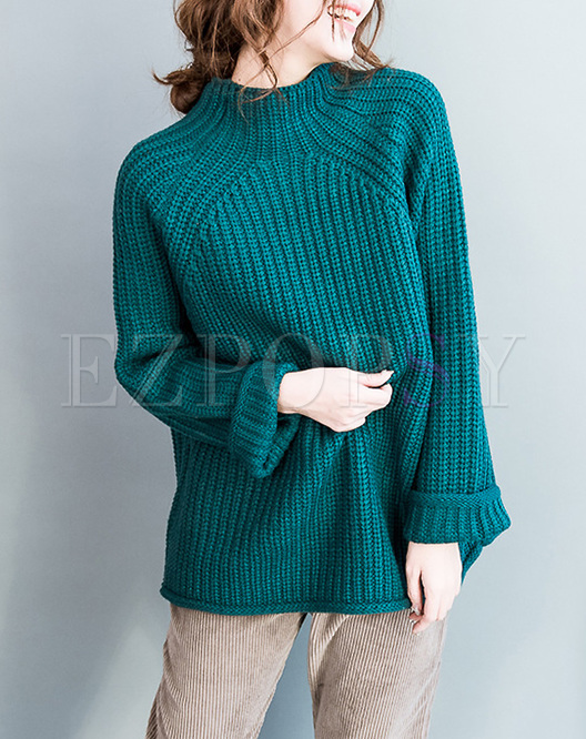 Peacock Blue High Neck Loose Sweater