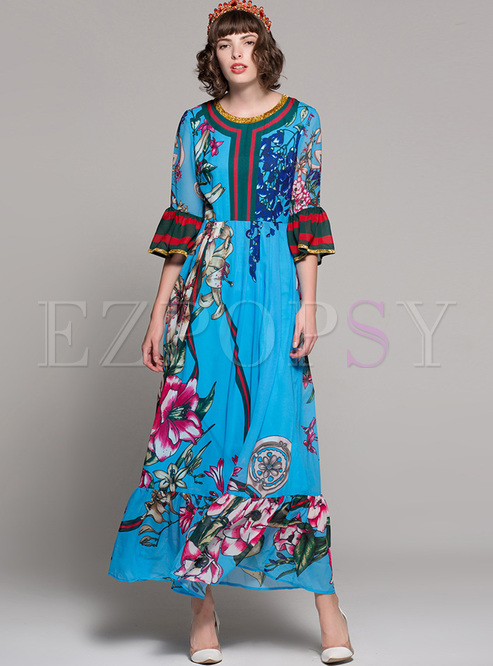 Dresses | Maxi Dresses | Street Multicolor Print Flare Sleeve Maxi Dress
