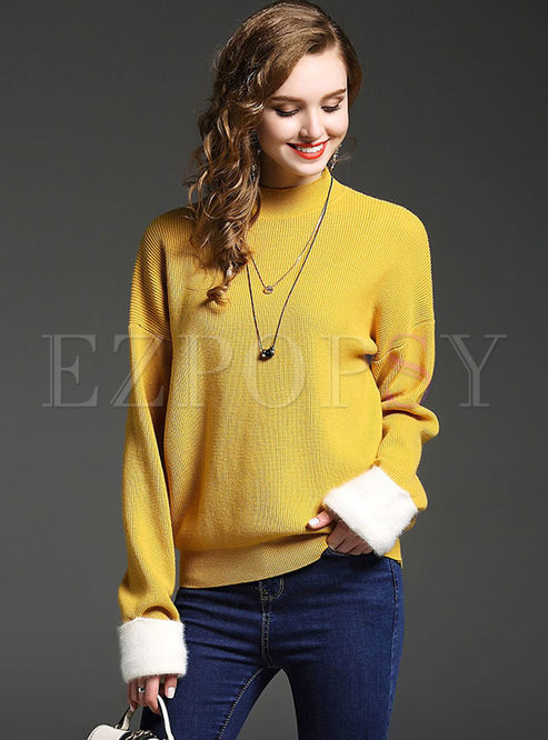 Brief Loose Splicing Stand Collar Knitted Sweater