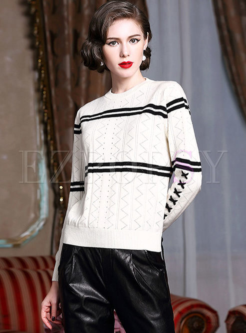 Striped O-neck Lacing Knitted Sweater