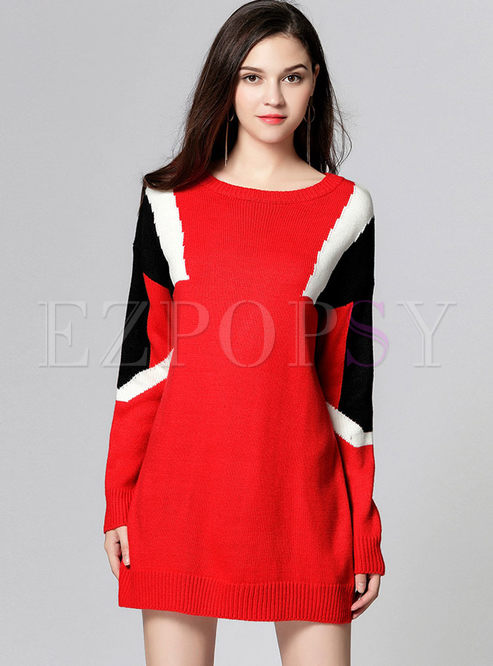 Casual Color-blocked Long Sleeve Knitted Dress
