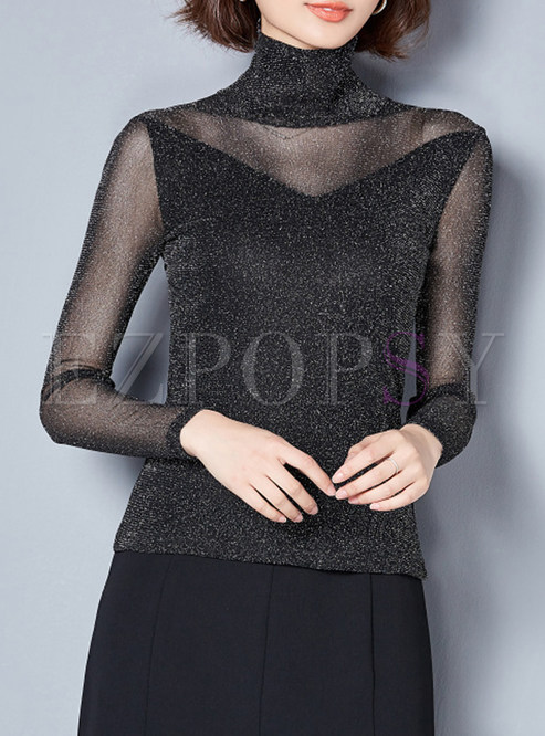 Black Sexy High Neck Hollow Out T-shirt