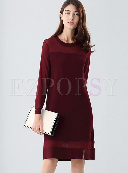 Wine Red Brief O-neck Patchwork Knitted Dress
