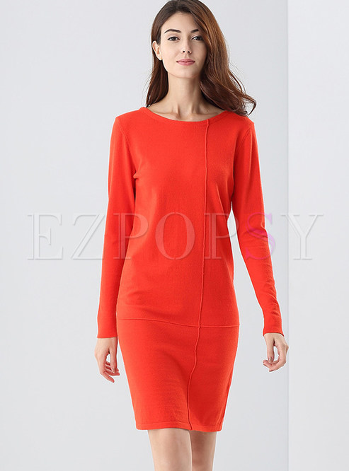 Red Brief Slim O-neck Long Sleeve Knitted Dress
