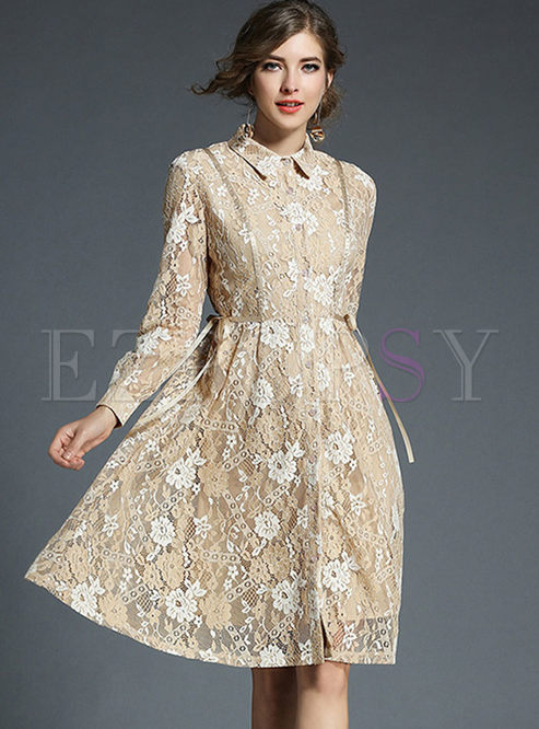 Sweet Embroidery Turn Down Collar Tie Skater Dress
