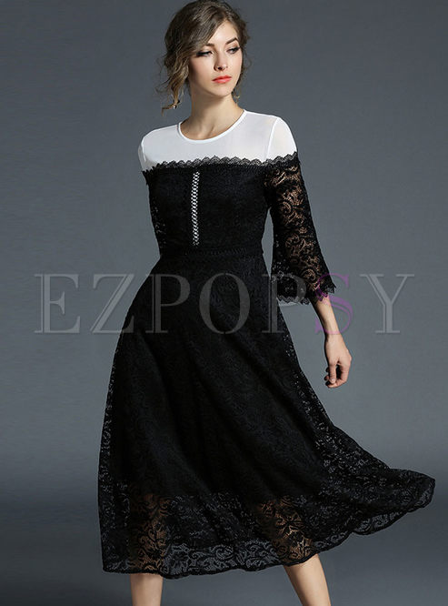 Hit Color Splicing Lace Flare Sleeve Skater Dress