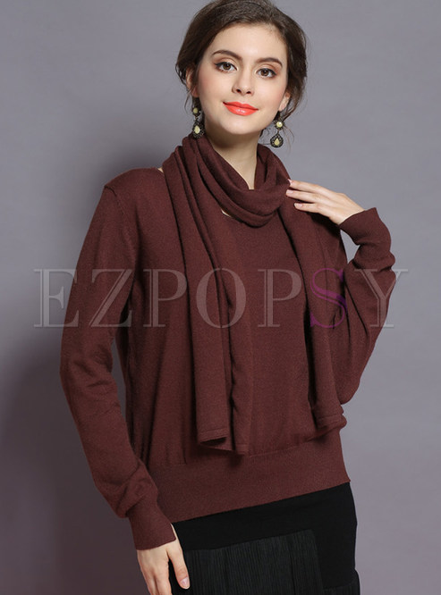 Brown Brief V-neck With Scarf Sweater
