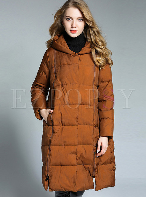 Casual Straight Hooded Zip Down Coat