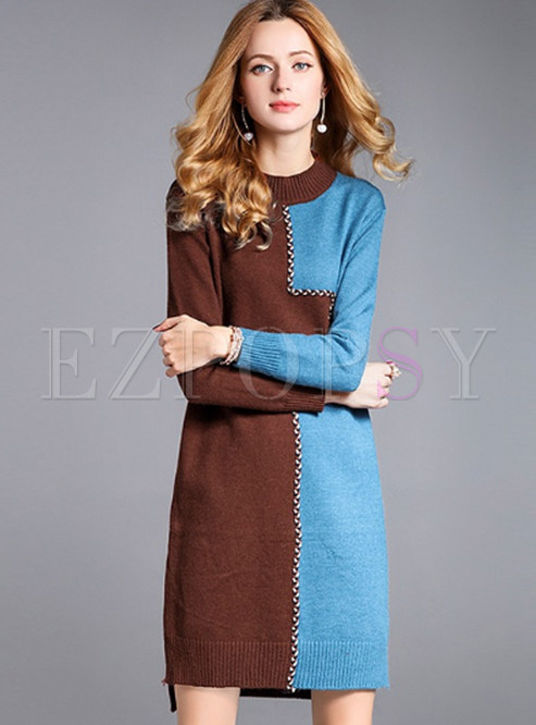 Casual Contrast Color Long Sleeve Knitted Dress