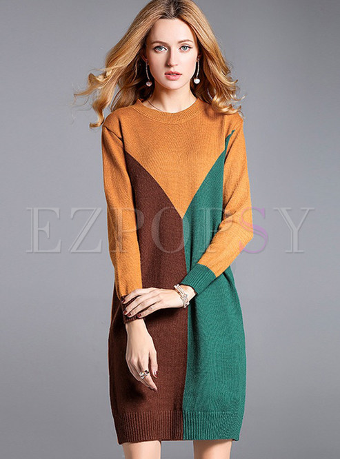 Stylish Contrast Color O-neck Knitted Dress