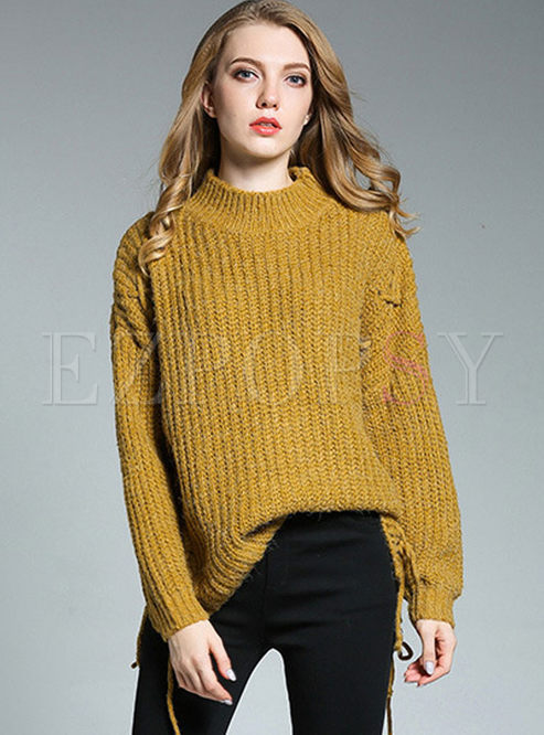 Stylish Loose Lacing Long Sleeve Knitted Sweater