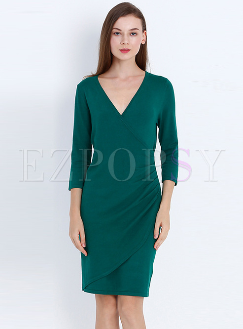 Green V-neck Asymmetric Bodycon Dress