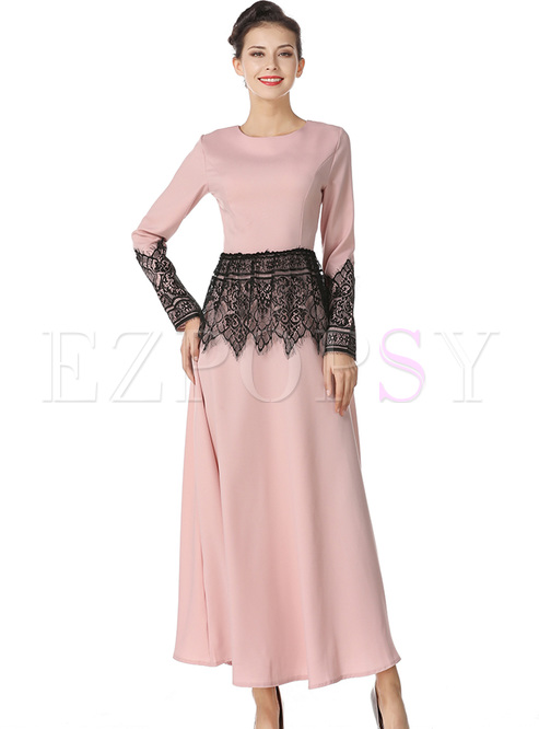 Elegant Slim Lace Color-blocked Maxi Dress