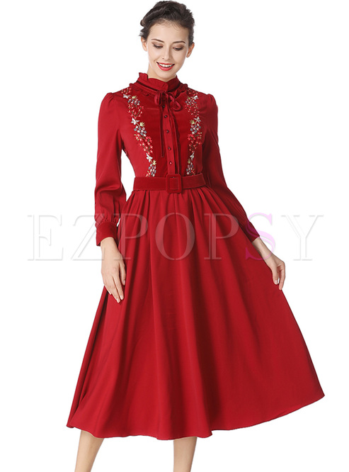 Vintage Stand Collar Embroidery A-line Dress