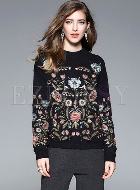 Tops | Sweaters | Black Flower Embroidery Knitted Sweater