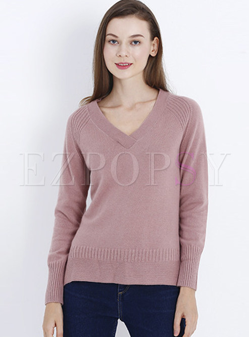 Stylish V-neck Asymmetric Hem Knitted Sweater