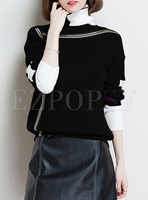 Hit Color Turtle Neck Knitted Sweater