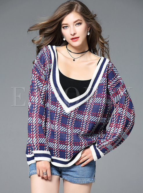 Casual Color-blocked V-neck Loose Sweater