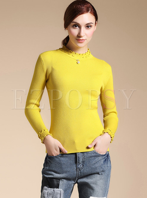 Stand Collar Nail Drill Pearl Knitted Sweater