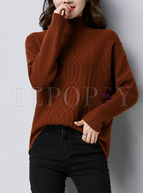 Fashion Turtle Neck Batwing Sleeve Knitted Sweater