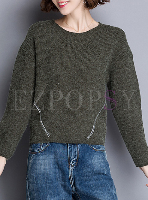 Nail Drill Batwing Sleeve O-neck Knitted Sweater
