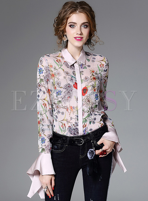 Tops | Blouses | Chic Floral Print Lapel Flare Sleeve Blouse