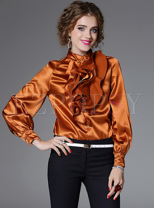 Tops | Blouses | Caramel Elegant Falbala Stand Collar Blouse