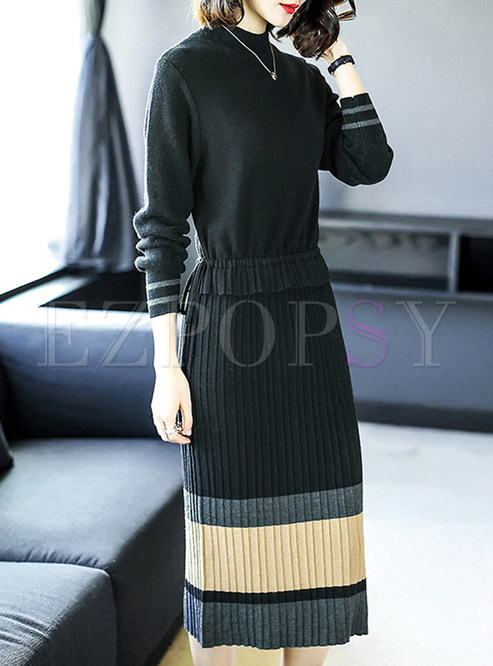 Striped Hit Color Lacing Wool Knitted Dress
