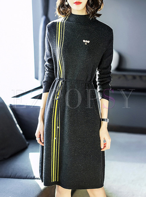 Striped Gathered Waist Lacing Knitted Dress