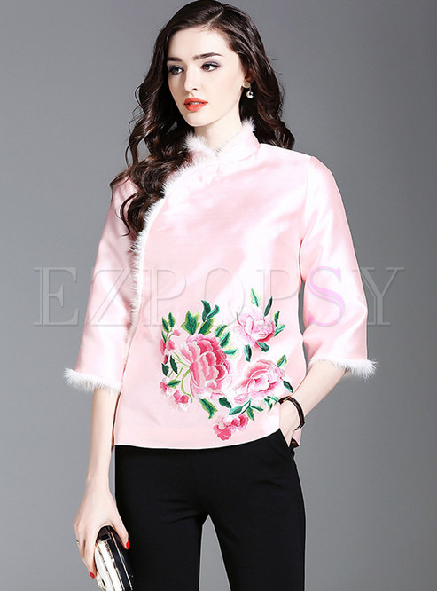 Ethnic Fur Collar Embroidery Short Thick Coat