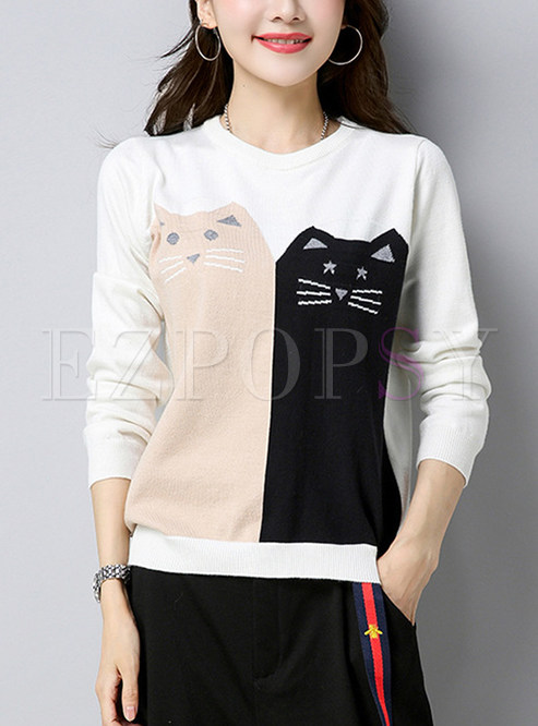 Cartoon Cute Cat Pattern Knitted Sweater