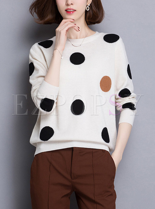 Dot Print Color-blocked O-neck Sweater