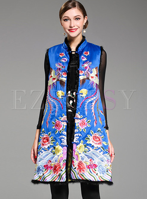 Vintage Embroidery Loose Stand Collar Vest 
