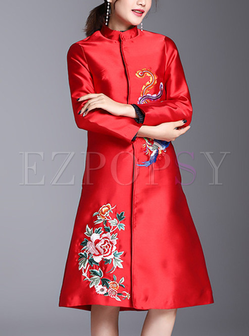 Embroidered Stand Collar A-line Coat