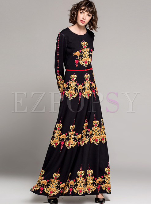 Dresses | Maxi Dresses | Vintage Floral Print Belted Big Hem Maxi Dress