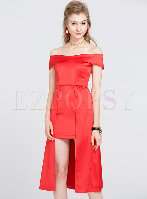 Red Asymmetric Hem A-line Dress