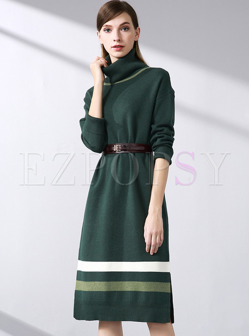 Chic Color-blocked High Neck Knitted Dress