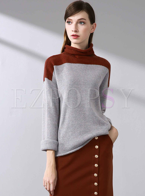 Brief Color-blocked High Neck Loose Sweater