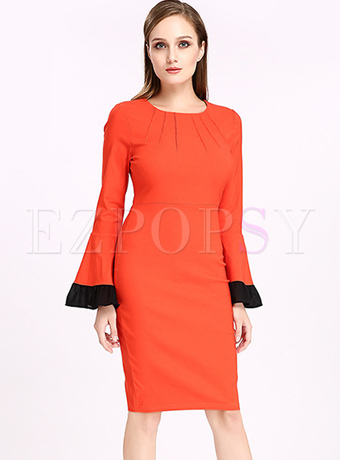Dresses | Bodycon Dresses | Red Flare Sleeve Slim Bodycon Dress