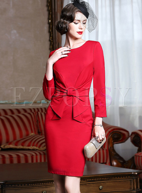 Party High Waist Bowknot Tied Slit Bodycon Dress