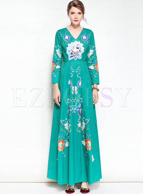 Green V-neck Floral Print Maxi Dress