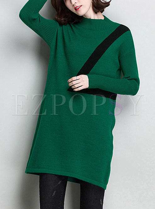 Brief Color-blocked Stand Collar Knitted Dress