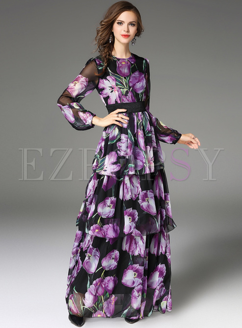 Elegant Purple Print Lantern Sleeve Maxi Dress