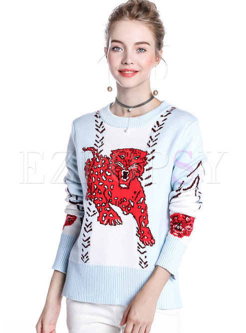 Blue Jacquard Hit Color Knitted Sweater