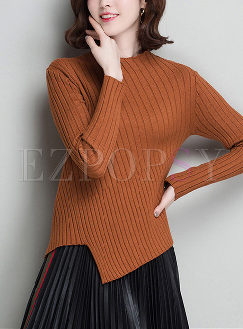 Brief O-neck Asymmetric Hem Knitted Sweater