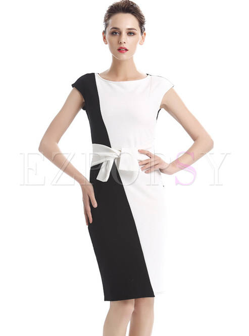 Elegant Monochrome Belted Bodycon Dress